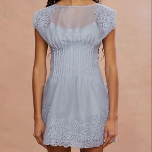 AMUR Georgina Mini Dress Sheer Lace Trim Pleated Waist Rain Cloud 4